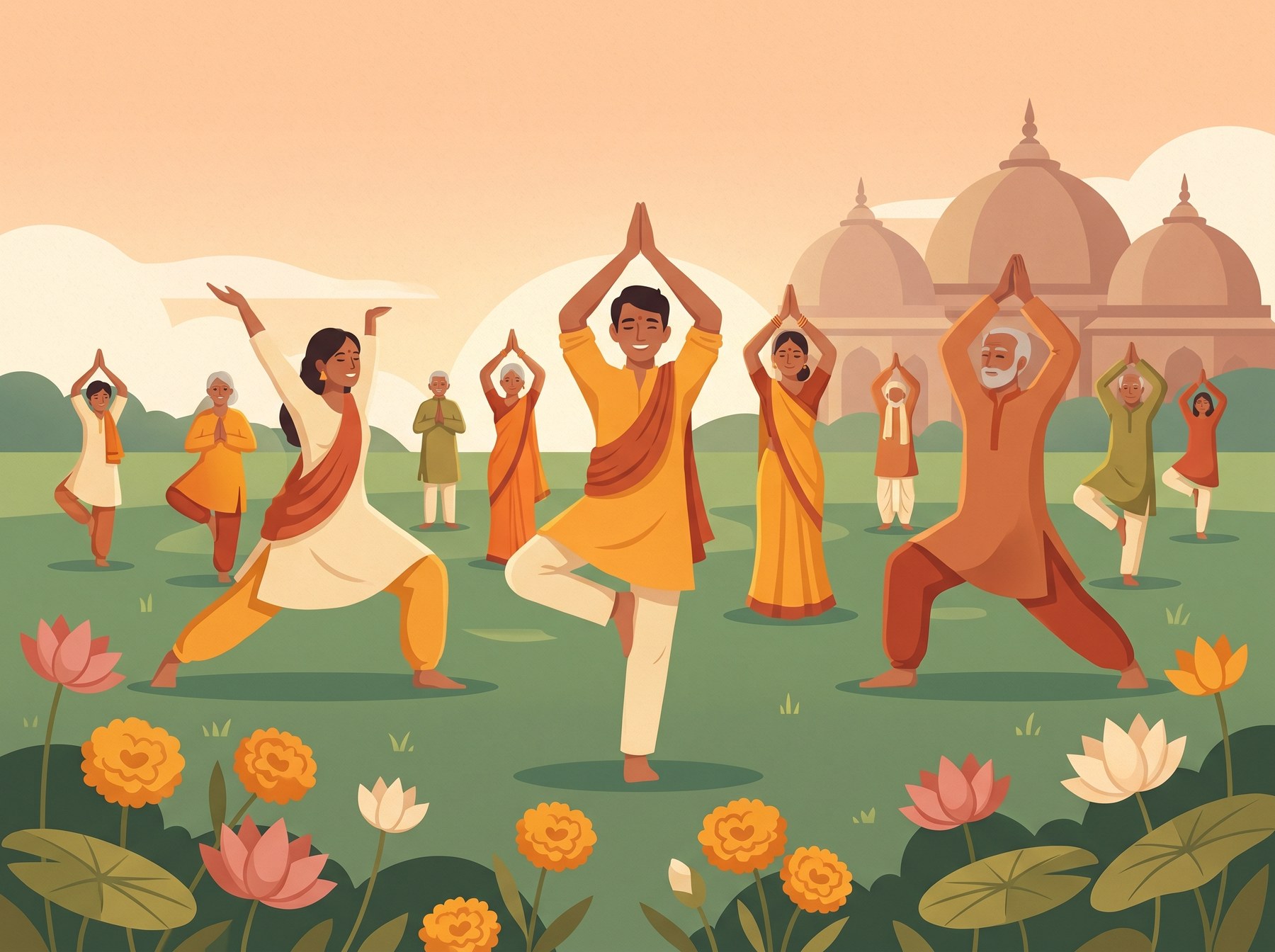 A community practising yoga at sunrise in Gujarat